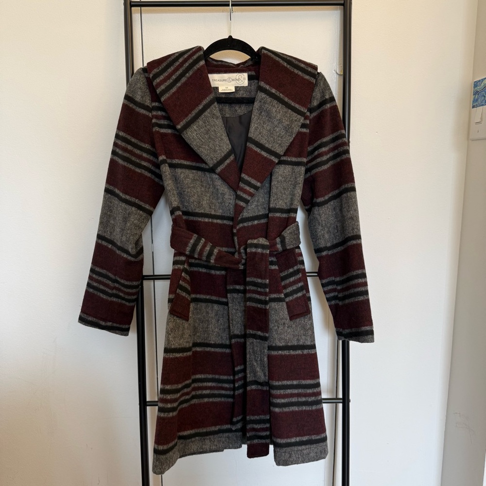 Treasure & Bond Burgundy and Gray Striped Trench Coat XS